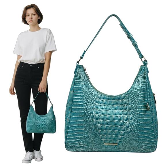 Brahmin Tabitha Melbourne Leather Shoulder Bag Aqua Blue Croc Embossed